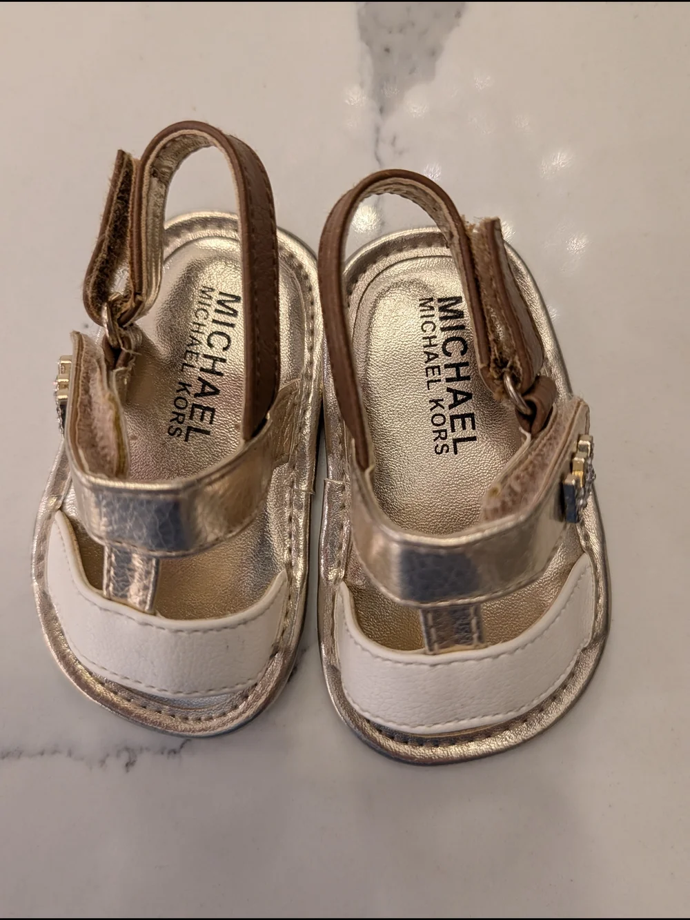 Michael Kors Metallic Gold & White Sandals with Brown Strap Baby Size 2 - Picture 6 of 11
